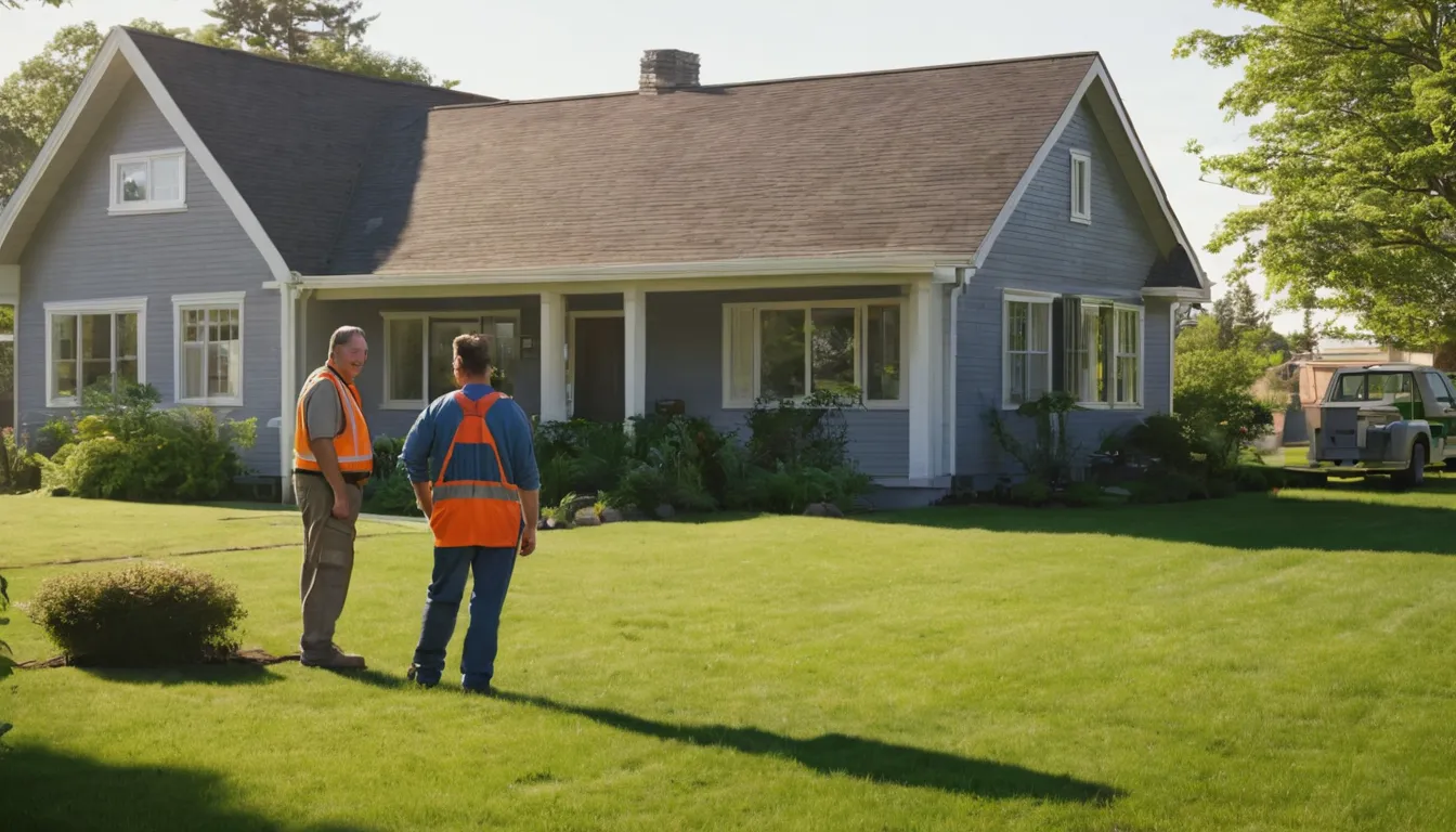 A friendly provider talking with a homeowner outside an older house in Salem Lakes