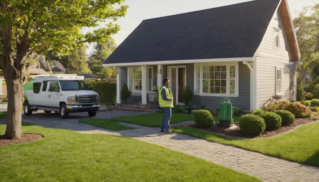 Friendly septic provider and homeowner talking beside an open tank lid in a yard near Salem Lakes